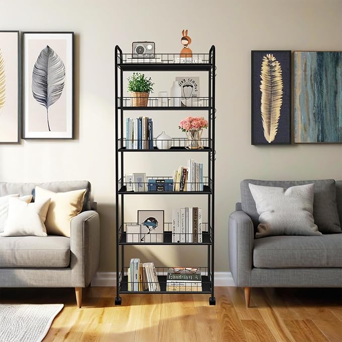 6-Tier Slim Storage Cart with Wheels, 10in Wide Black Narrow Rolling Shelf - Image 5