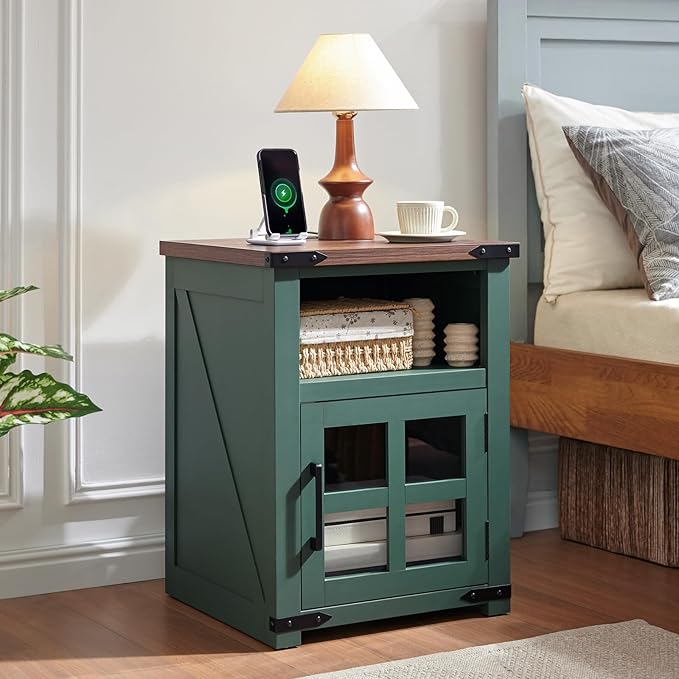 Farmhouse Nightstand with Charging Station, Rustic End Table with Tempered - Image 8