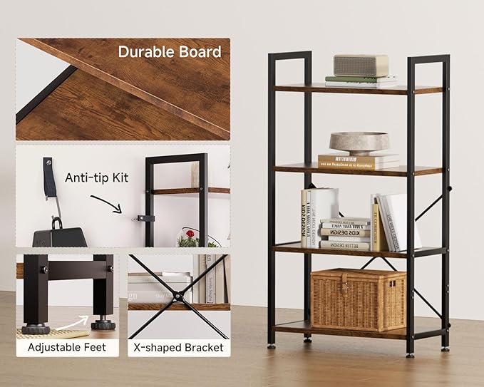 Casaottima Book Shelf, 4 Tier Bookshelf, Modern Wood Bookcase Shelves - Image 4