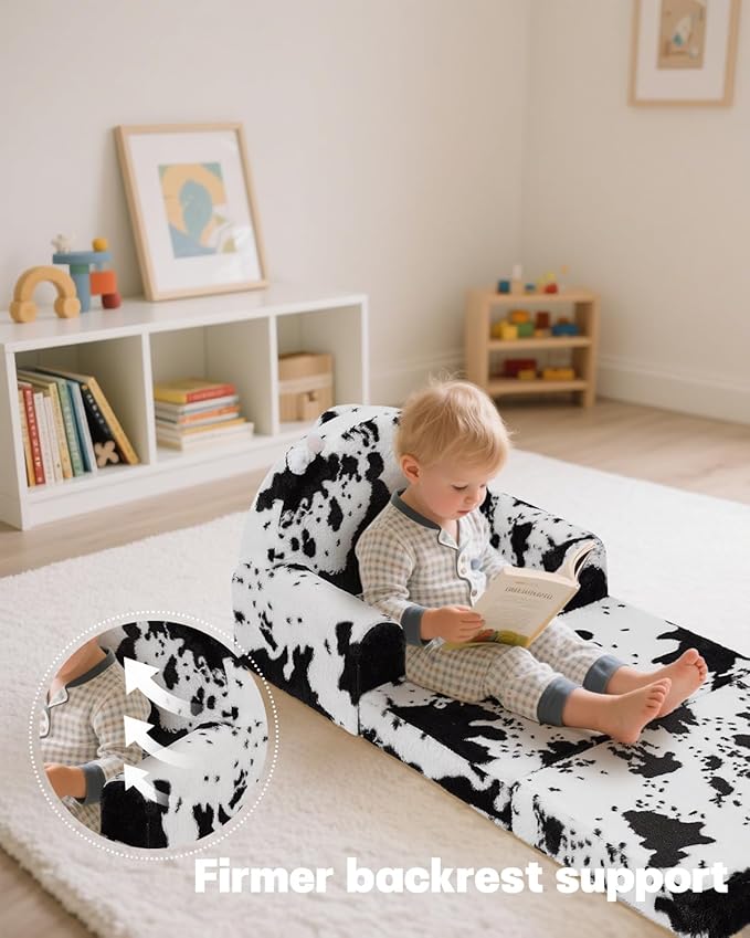 2-in-1 Toddler Chair and Couch – Soft Faux Rabbit Fur, Cow Pattern Design - Image 4