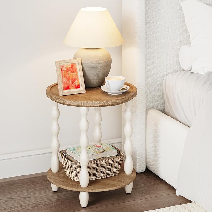 Round End Table, 2-Tier Farmhouse End Table, 18.5'' Handcrafted Weathered Look - Image 7