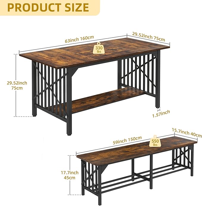 DWVO 3-Piece Dining Table Set for 4-6 People, Industrial Rectangular Dining - Image 2