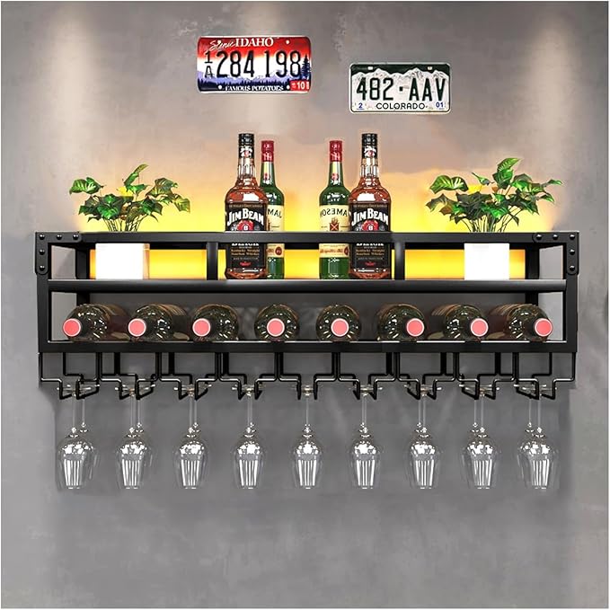Pengfei LED Wine Rack Wall Mounted, Industrial Metal Wall Wine Shelf & Glass by PENGFEI
