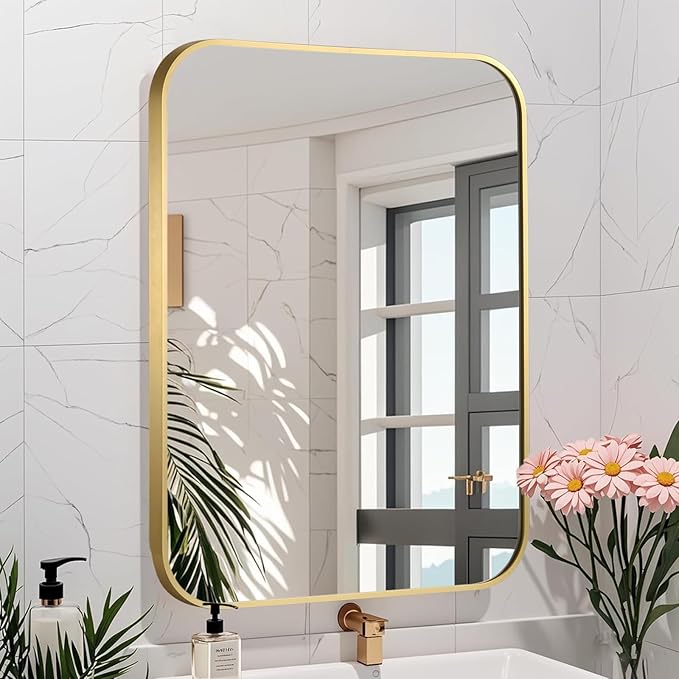 Brushed Gold Mirror, Metal Frame Rectangle Corner Vanity Mirror, Wall Mounted by JENBELY