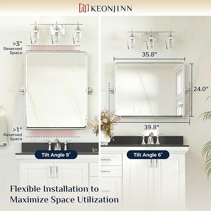 Keonjinn 24 x 36 Inch Pivot Mirror Bathroom, Brushed Nickel Tilt Mirror Bathroom - Image 9