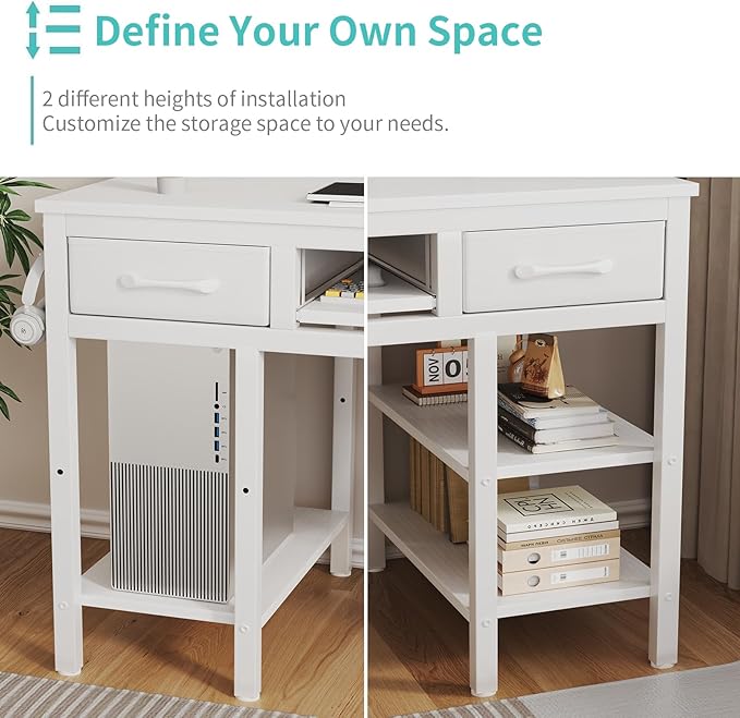 Lufeiya White Desk with Keyboard Tray Slide Out, 47 Inch Home Office Computer - Image 5