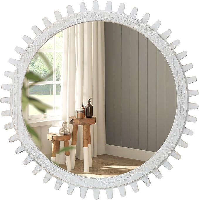 ULIKE Round Wood Mirror, 24 Inch Rustic Farmhouse Circle Mirror by ULIKE