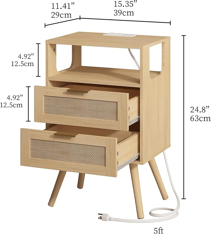 Rattan Nightstand with Charging Station, Farmhouse Bedside Table with 2 Storage - Image 2
