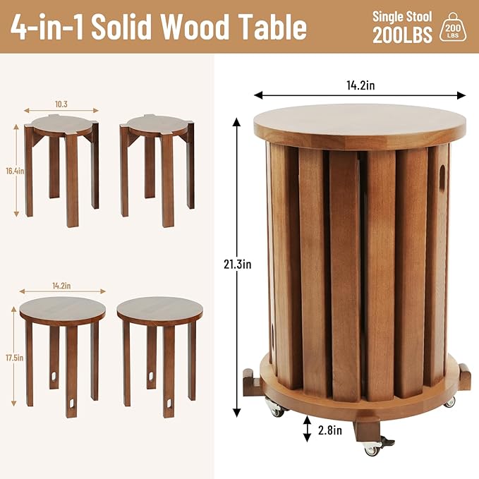 CozyDH 4-in-1 Nesting Side Tables, Stackable Stools Set of 4, Wooden Round End - Image 2