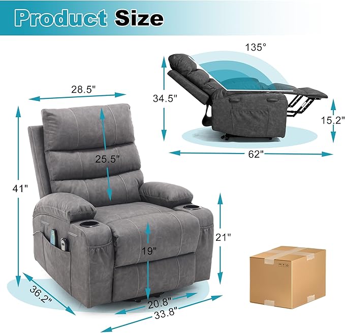 Recliner Chair Power Lift Massage Chair Full Body 21" Large Size Electric - Image 2