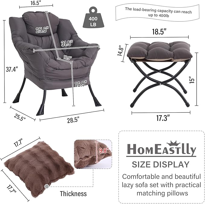 Large Lazy Chair with Ottoman, Accent Reading Chair with a Throw Pillow - Image 3