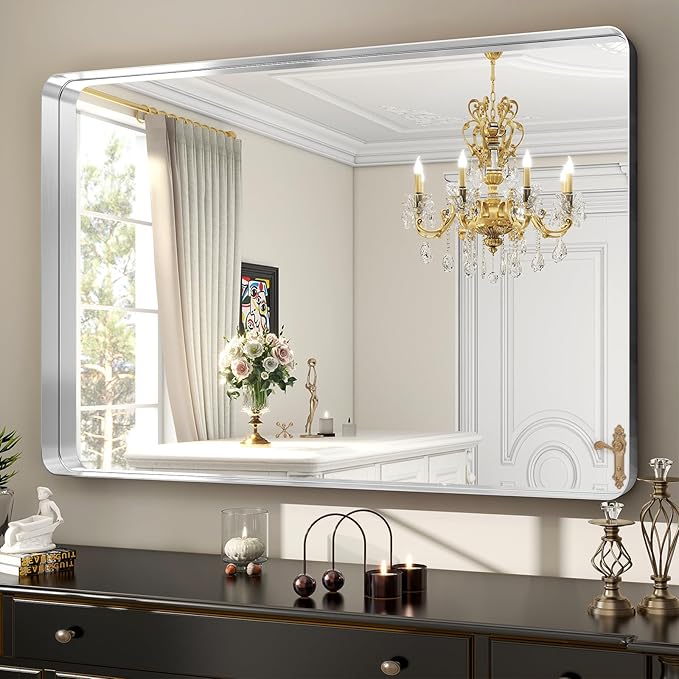 Silver Bathroom Mirror for Wall, 40x30 Inch Rectangular Aluminum Alloy Framed - Image 2