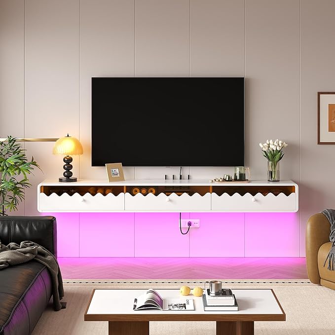 Floating TV Stand, 70IN Fully-Assembled Wall Mounted Wave Glass - Image 3