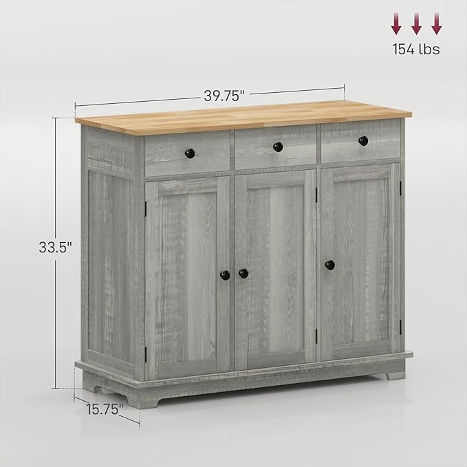 HOMCOM Sideboard with Solid Wood Countertop, Modern Kitchen Storage Cabinet - Image 3