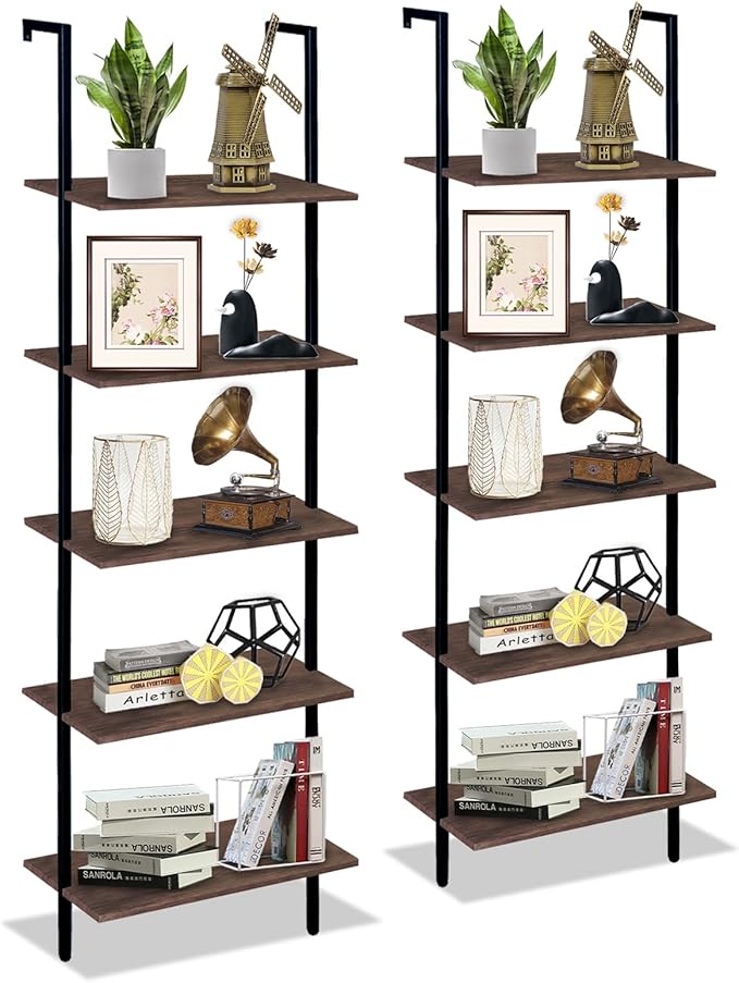 5 Tiers Ladder Shelf 2-Piece Black Modern Tall Bookshelf Open Large Tall Wall by Wolawu
