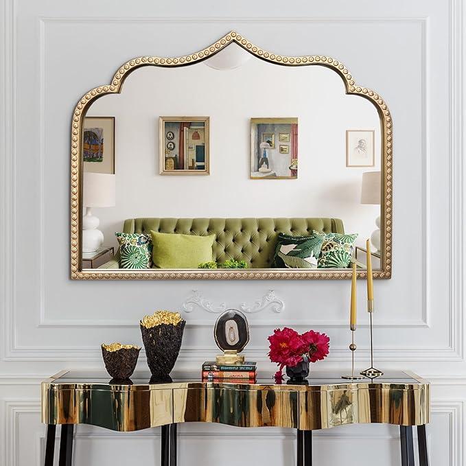 Gold Arched Mirror, Metal Beaded Frame Ornate Decorative Mirror, Scalloped - Image 2