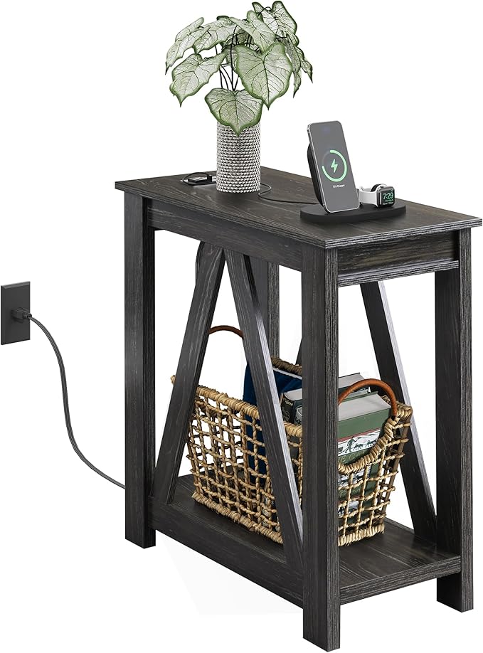 WLIVE Narrow End Table with Charging Station of Open Storage Shelf, Sofa Side by WLIVE