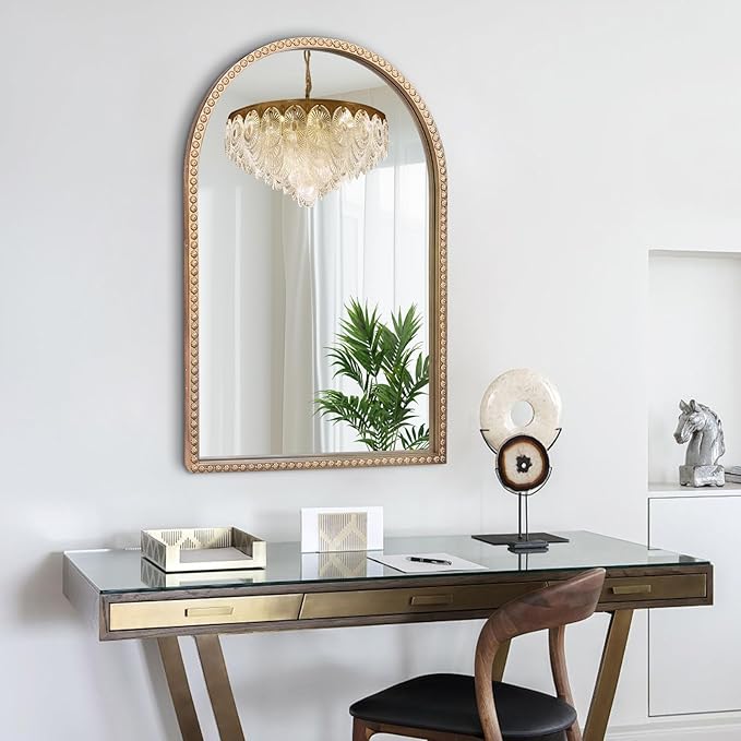 Gold Arched Mirror, Metal Beaded Frame Decorative Accent Mirror, Ornate Vintage - Image 3