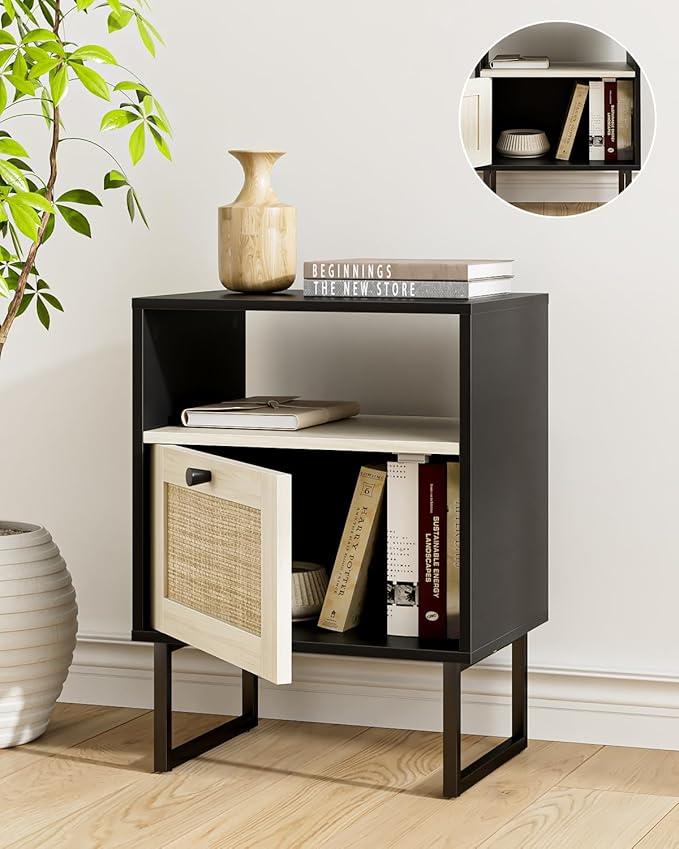 Rattan Nightstand, Boho Night Stand Farmhouse Wood Bedside Table - Image 5