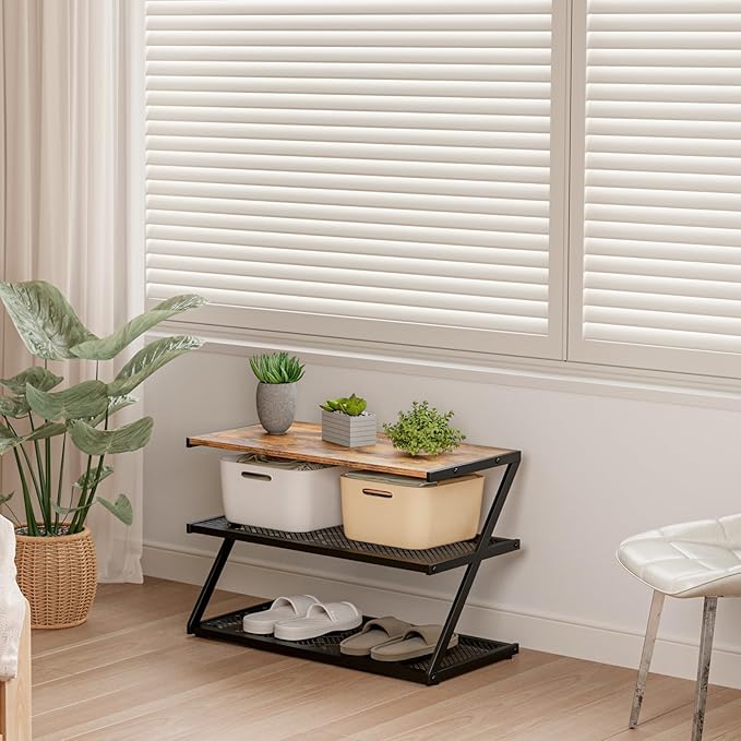 Z-Frame Shoe Rack with Wooden Top & Metal Mesh Shelves - Image 7