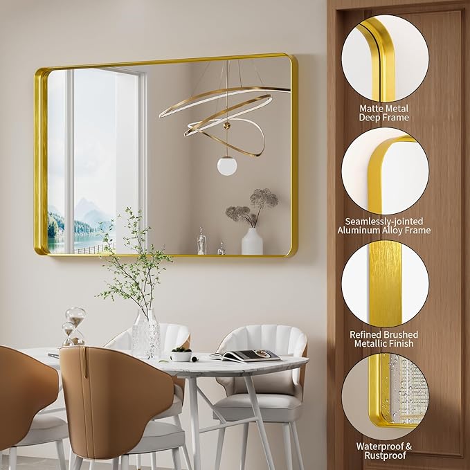 Koonmi Gold Wall Mirror for Bathroom, 36x55 Inch Matte Deep Framed Rounded - Image 3
