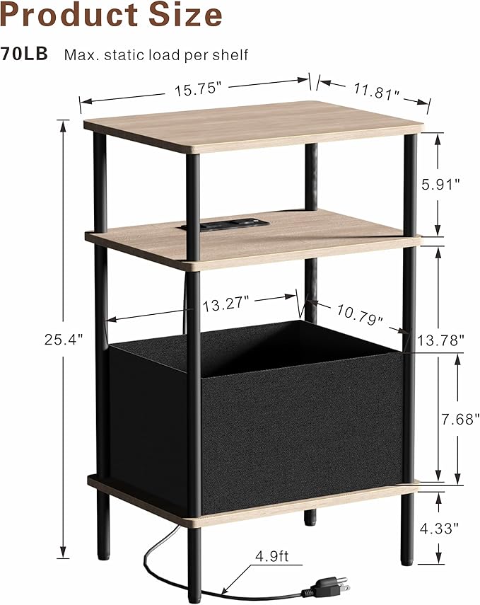 Small Side Table with Charging Station, Slim Nightstand with Outlet, Sofa - Image 3