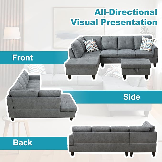 L Shaped Couch Modern Sectional Couch Upholstered Fluffy Fabric 3 Pieces Sofas - Image 6