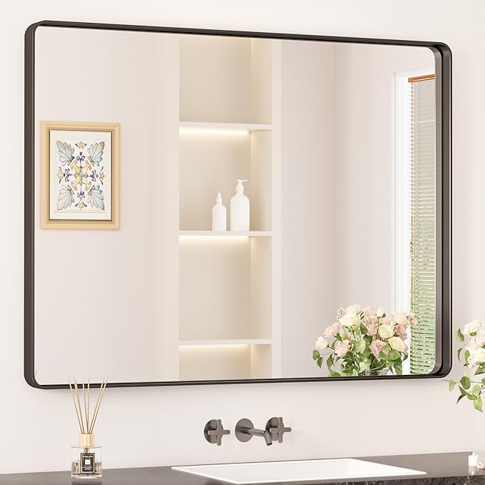 Keonjinn Black Framed Mirror for Bathroom 40 x 30 Inch Rounded Rectangle Wall by Keonjinn