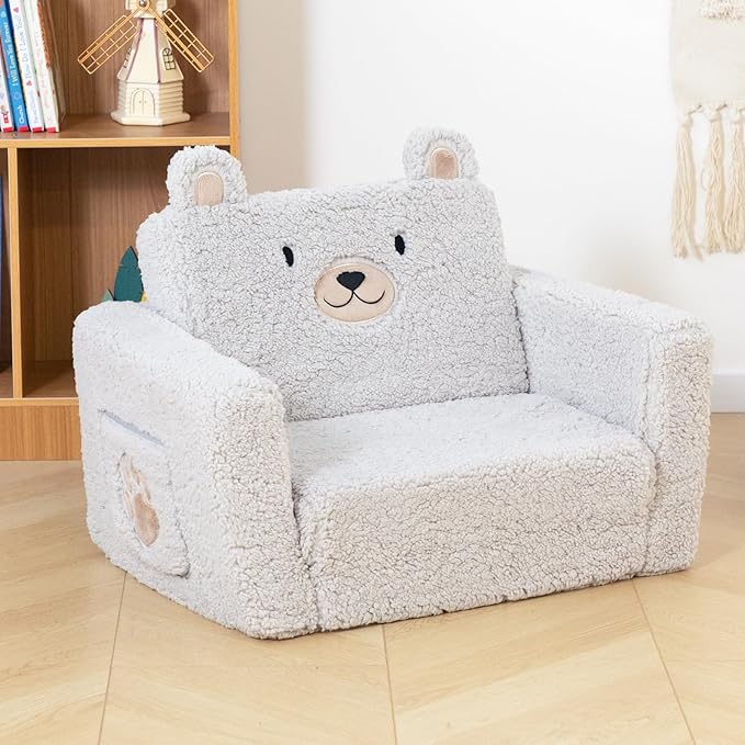 ALIMORDEN Fold Out Toddler Couch, Comfy 2-in-1 Cuddly Sherpa Bear Chair - Image 9