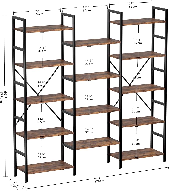 IRONCK Bookcases and Bookshelves Triple Wide 5 Tiers Industrial Bookshelf - Image 3