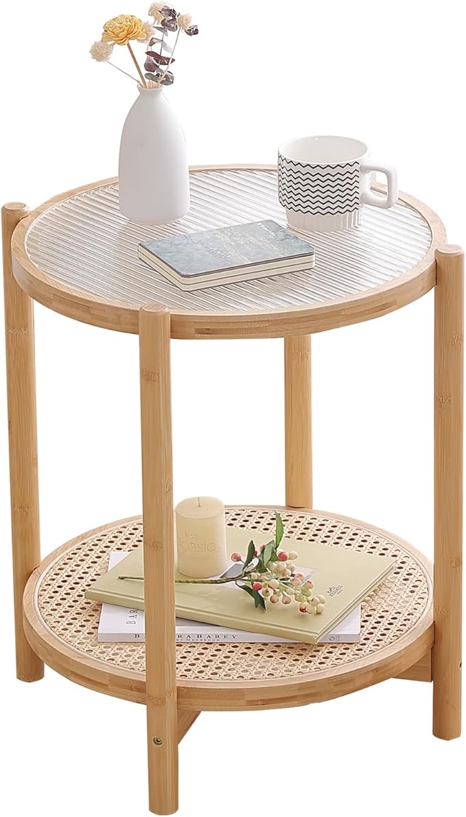 Tiita Rattan Nightstand Side Table, Bamboo Accent Bedside Tables, Glass Coffee by TiitaHome