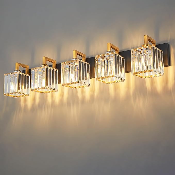 Modern Bathroom Vanity Light 5-Lights Black Gold Crystal Wall Lamp Bathroom by FDPBY
