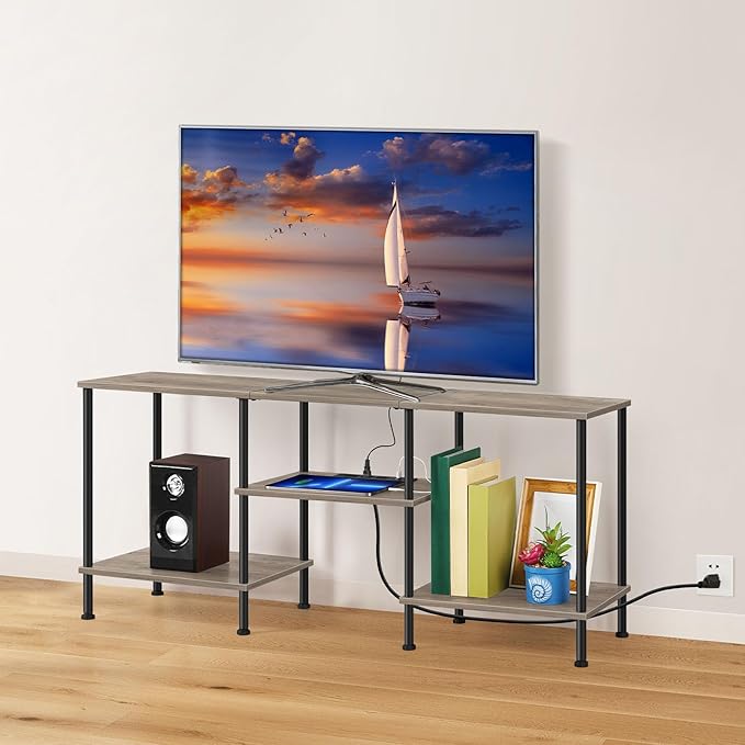 BTY Farmhouse TV Stand with Storage Industrial TV Console with Power Outlet by BTY