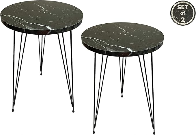 PAK HOME Set of 2 Black Marble End Tables Round Wood Sofa Side Coffee Tables - Image 6
