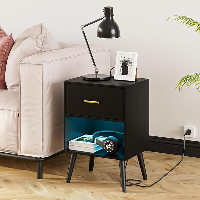 Nightstand with Charging Station and LED Lights, Small Side Table, Bedside by Aienvey
