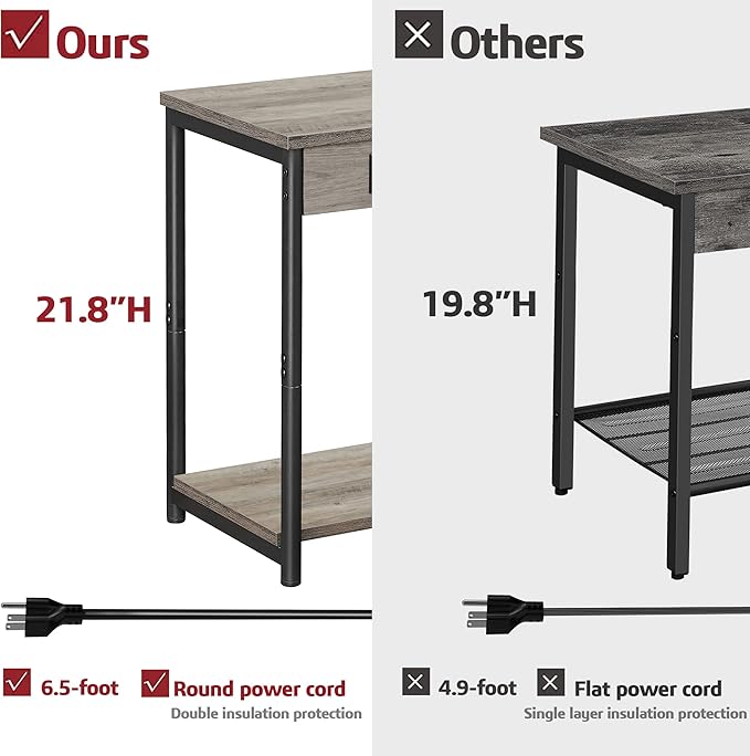 TUTOTAK End Table with Charging Station, Side Table with 2 USB Ports and 2 - Image 3