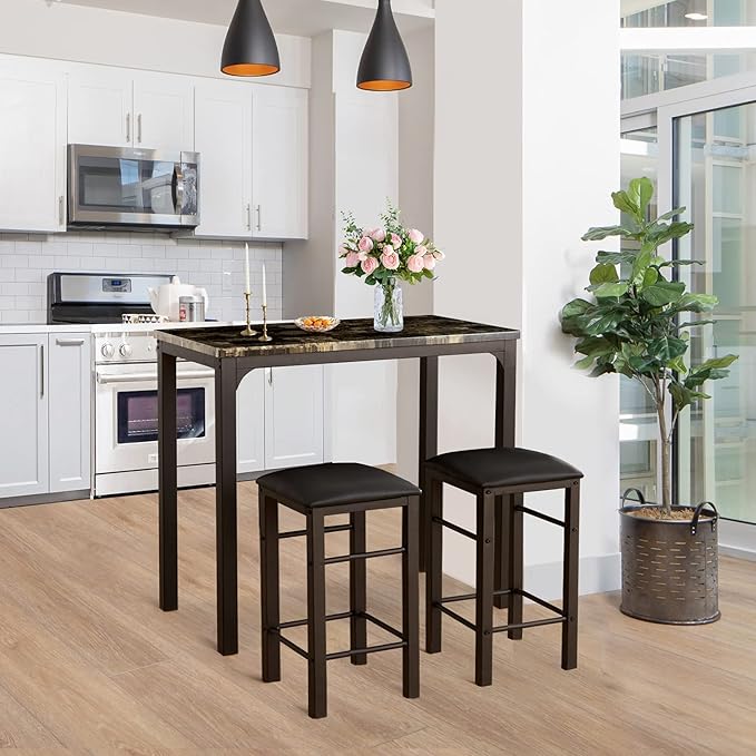 VECELO Dining Table Set with 2 Stools, 3 Piece Counter Height - Image 4