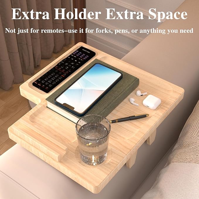 Bamboo Couch Arm Table with Remote Control Tray & Rotating Phone Holder - Image 3