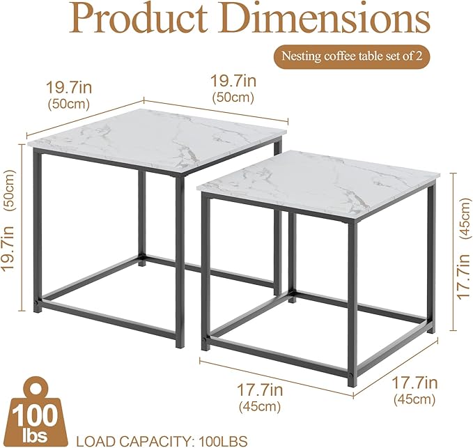 Garden 4 you Coffee Table Set of 2, Modern Faux Marble Nesting Table, Metal - Image 2