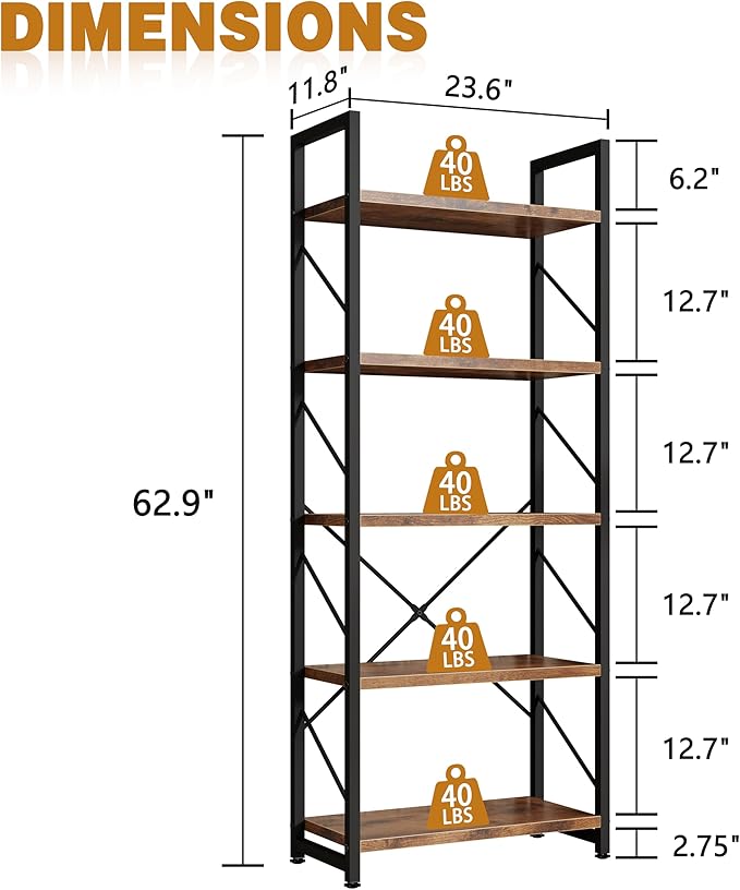 Bookshelf, 5 Tier Bookshelves, Home Office Bookcase Shelf Storage Organizer - Image 3