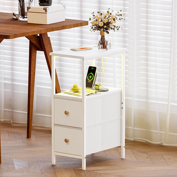 Fixwal Narrow Side Table with Charging Station and LED Light, Skinny Nightstand - Image 7