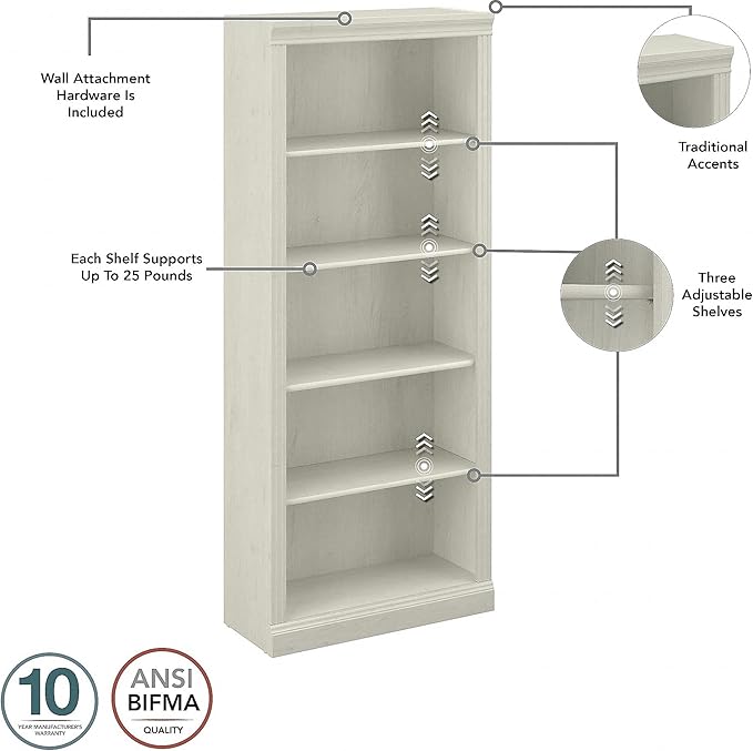Bush Furniture Saratoga Tall 5 Shelf Bookcase in Linen White Oak, Home Office - Image 4