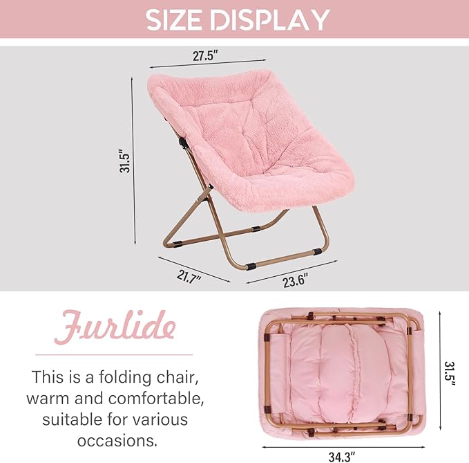 Modern Pink Faux Fur Foldable Metal Frame Recliner Chair - Image 2