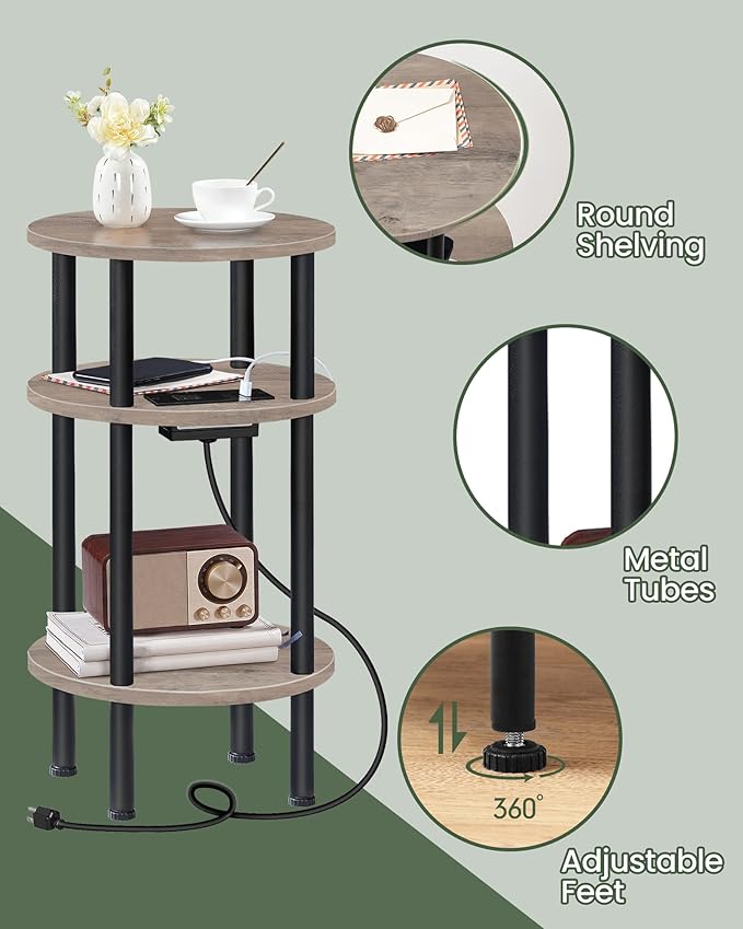Small Round Side Table with Charging Station, Round End Accent Table, 3-Tier - Image 7