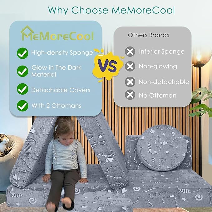 MeMoreCool 8-Piece Kids Modular Play Couch — Glow-in-The-Dark Dinosaur Foam - Image 4