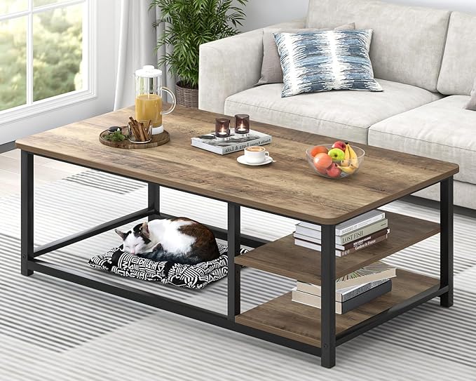 EXCEFUR Coffee Table with Storage Shelf, Modern Wood and Metal Center Table by EXCEFUR