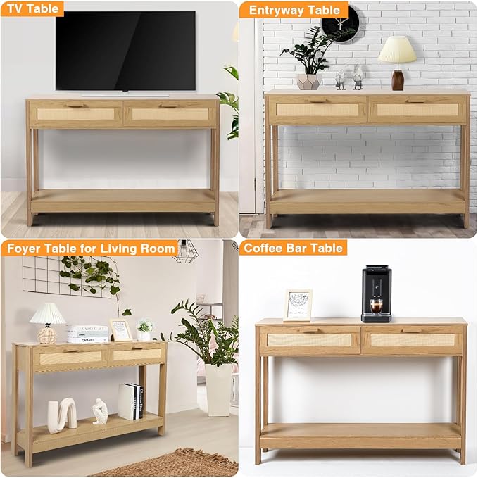 Console Table with Rattan Drawers, Boho Rattan Entryway Table with Storage - Image 7