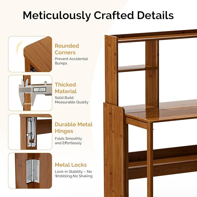 31.1" Bamboo Folding Desk with Bookshelf, Compact Computer Desk - Image 5