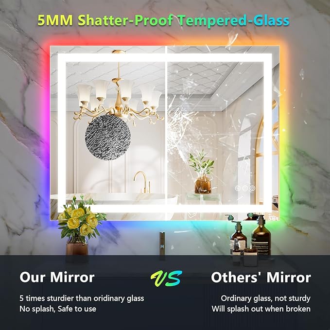 40x30 Inch RGB LED Bathroom Mirror Front Light and RGB Backlit Lighted Vanity - Image 6