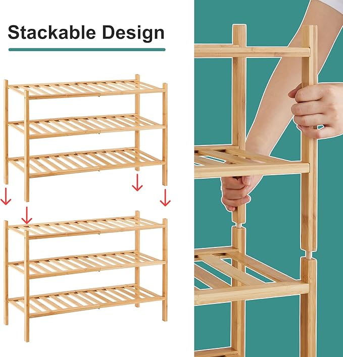 6-Tier Bamboo Shoe Rack for Entryway, Stackable | Foldable | Natural, Shoe - Image 5